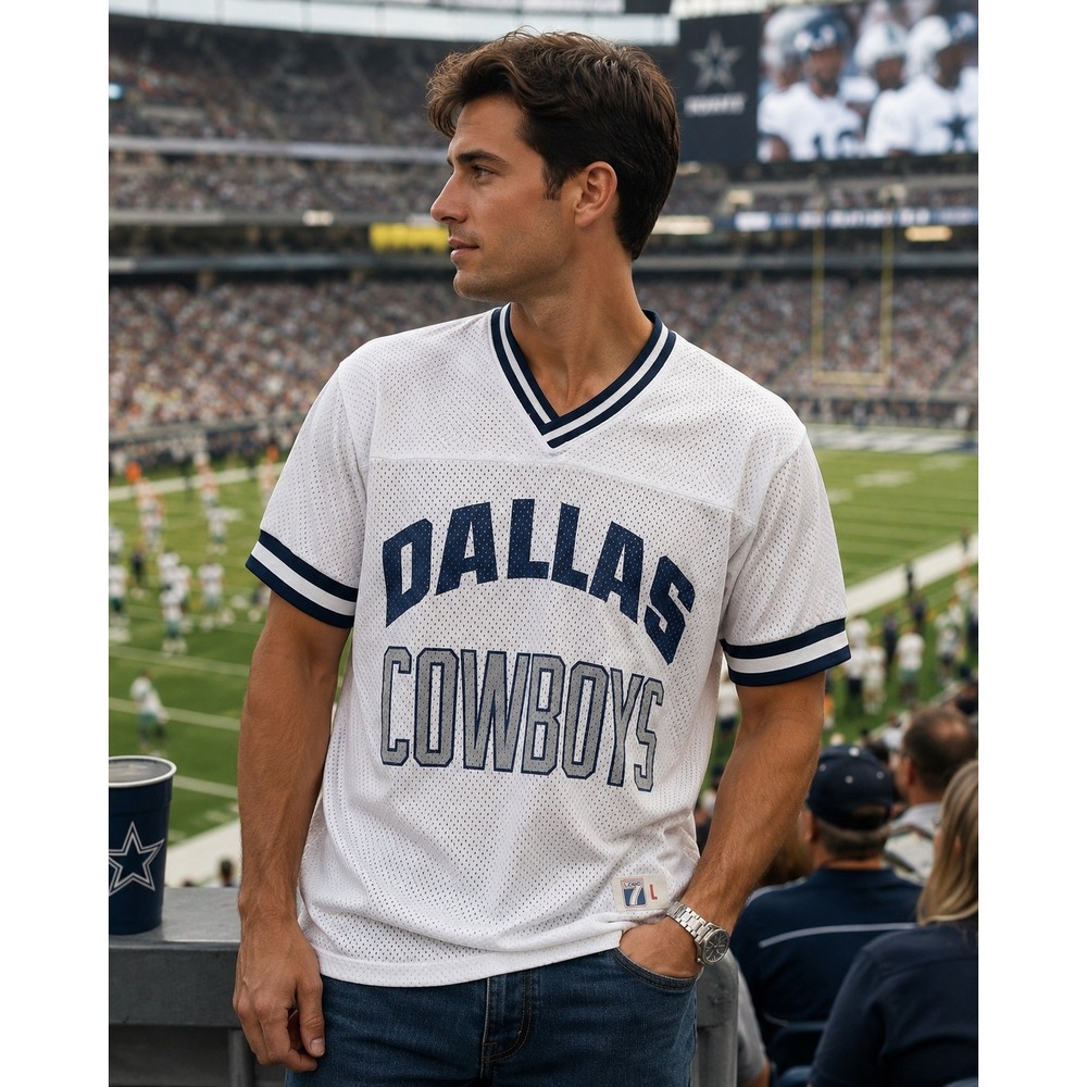 Vintage Logo 7 Dallas‎ Cowboys Jersey Mens L White Mesh V Neck USA Football NFL